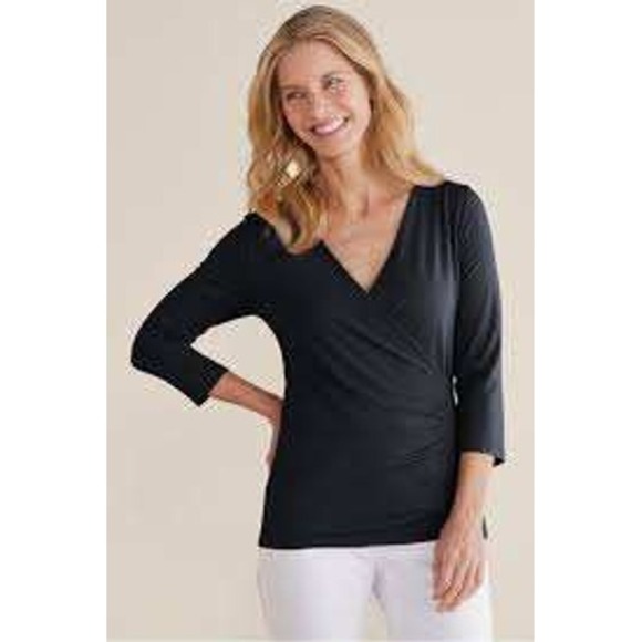 Soft Surroundings Faux Wrap Top Womens 1X Black 3/4 Sleeve Casual Boho Classic - Picture 1 of 13